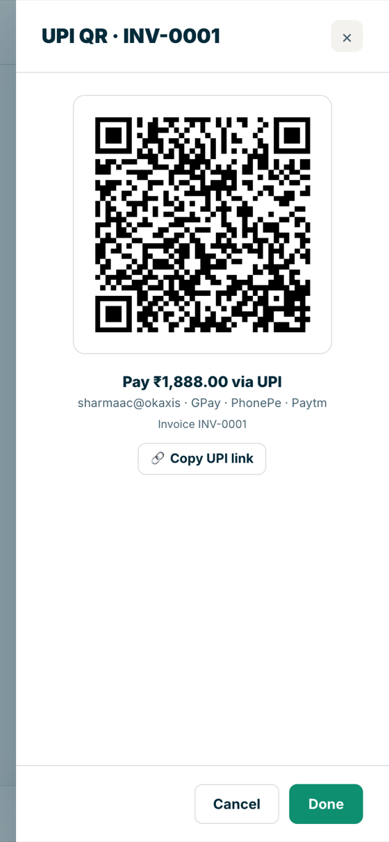 Invoice INV-0001 UPI QR — Pay ₹1,888